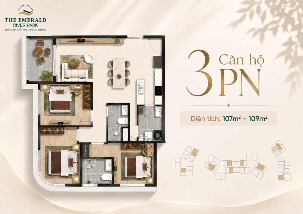 Thiết kế 3PN căn hộ the emerald river park bình dương